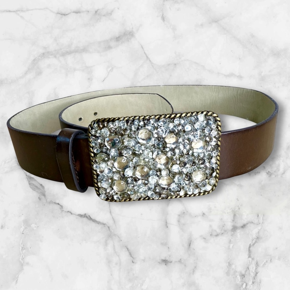 Brown Leather Belt Crystal Rhinestone Buckle Western Formal Glam